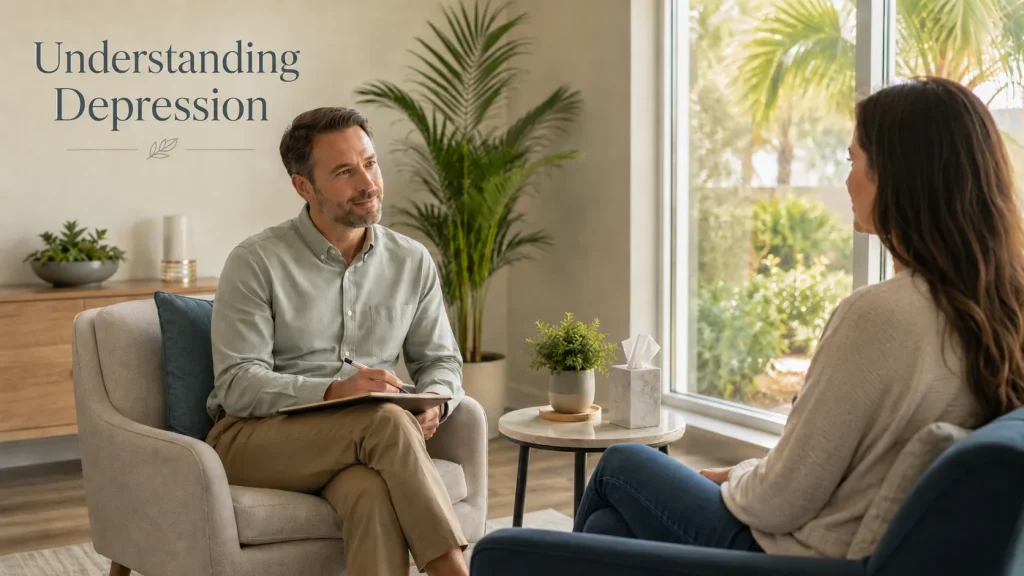 Depression counseling session in therapist's peaceful office