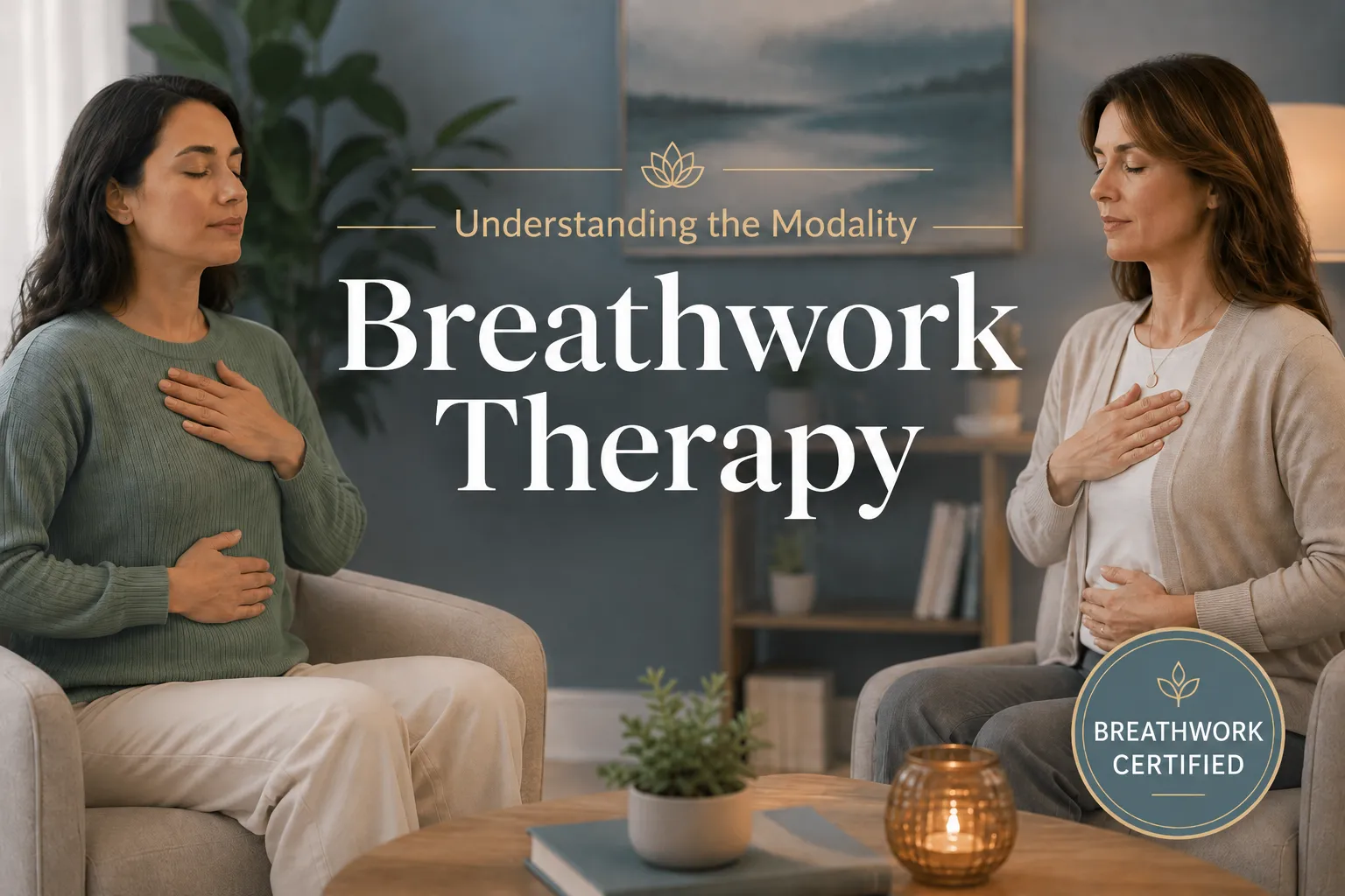 Breathwork Therapy: Working With the Breath to Calm and Heal 1 Breaathwork Therapy Graphic with Two Persons Practicing