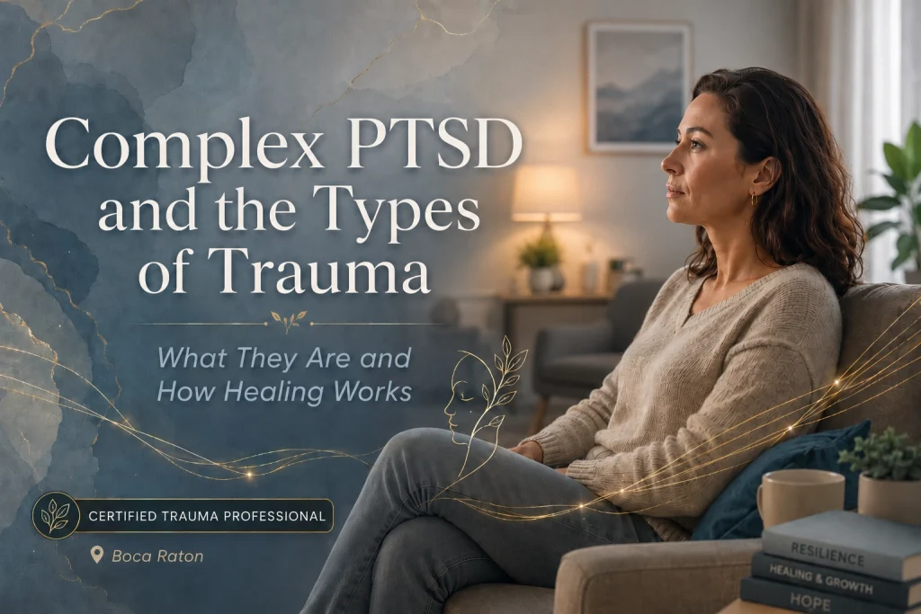Complex PTSD Graphic with woman in counseling office