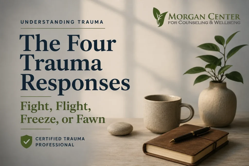 Four trauma responses: Fight, Flight, Freeze, Fawn peaceful graphic with plant