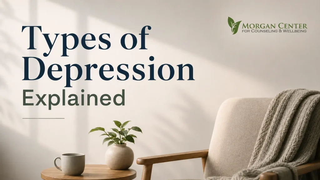 Types of Depression Explained Graphic with plant and office chair